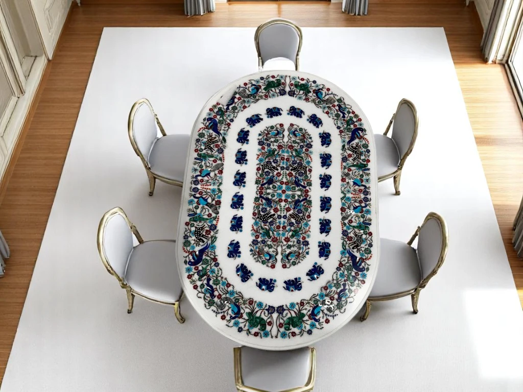 Luxurious White Marble Patio Table with Inlaid Multi Gemstones
